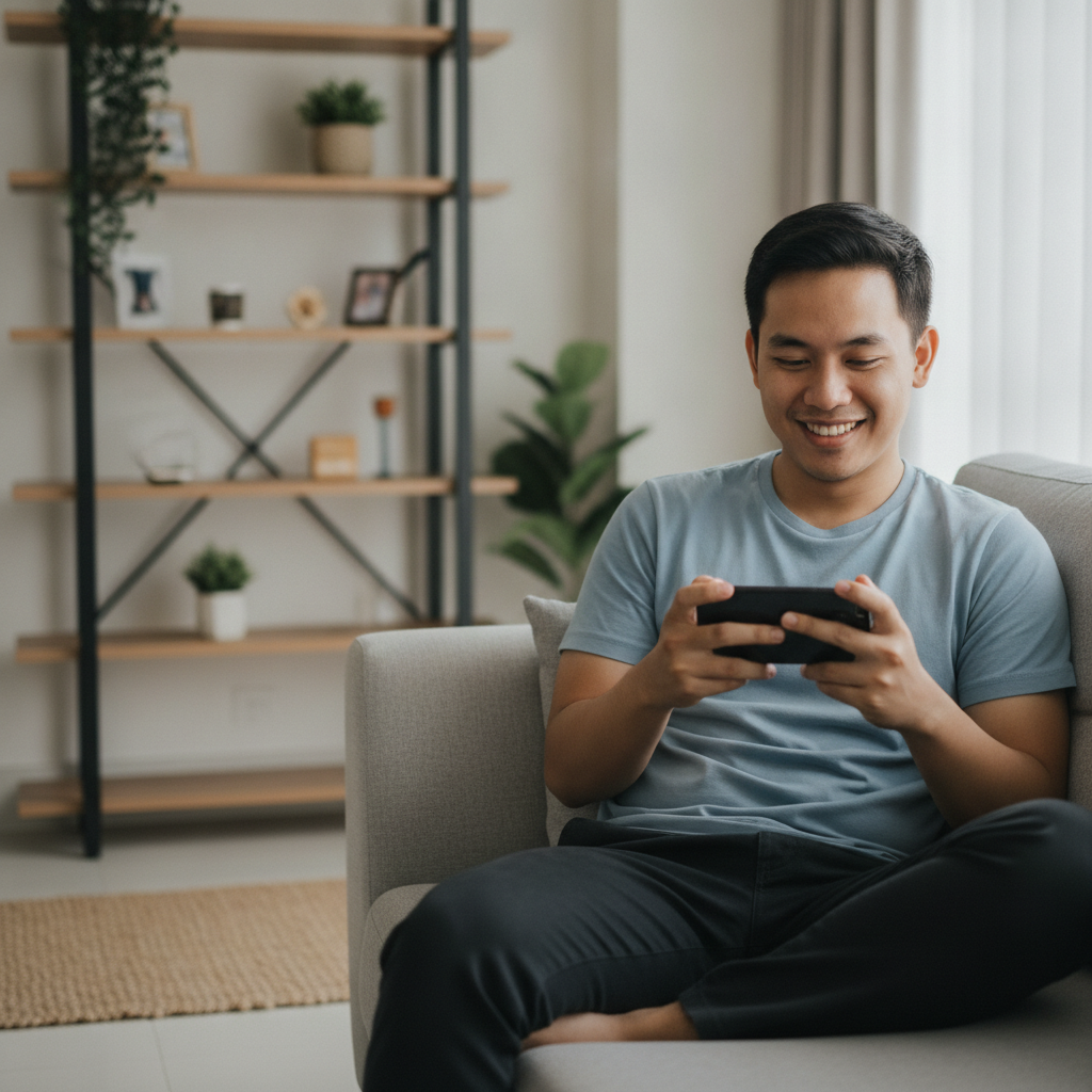 Filipino player holding smartphone ready to start playing online casino games